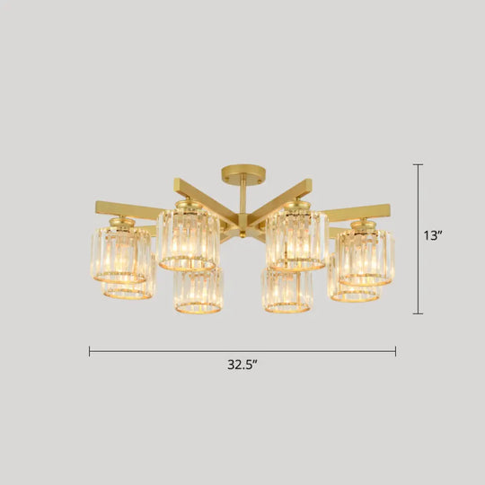 Contemporary Crystal Prism Cylindrical Semi Flush Chandelier Ceiling Light For Living Room 8 / Gold
