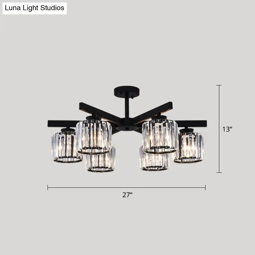 Contemporary Crystal Prism Cylindrical Semi Flush Chandelier Ceiling Light For Living Room 6 / Black