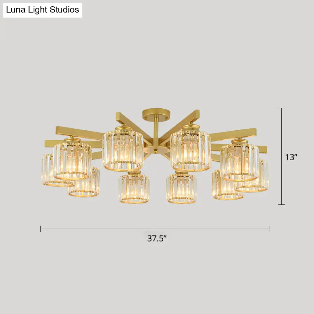 Contemporary Crystal Prism Cylindrical Semi Flush Chandelier Ceiling Light For Living Room 10 / Gold