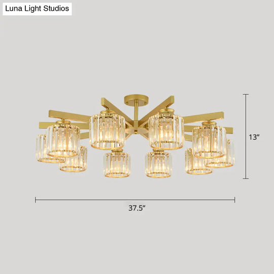Contemporary Crystal Prism Cylindrical Semi Flush Chandelier Ceiling Light For Living Room 10 / Gold
