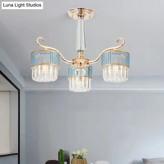 Cylinder Crystal Prisms Chandelier - Contemporary 3-Light Pendant In Gold