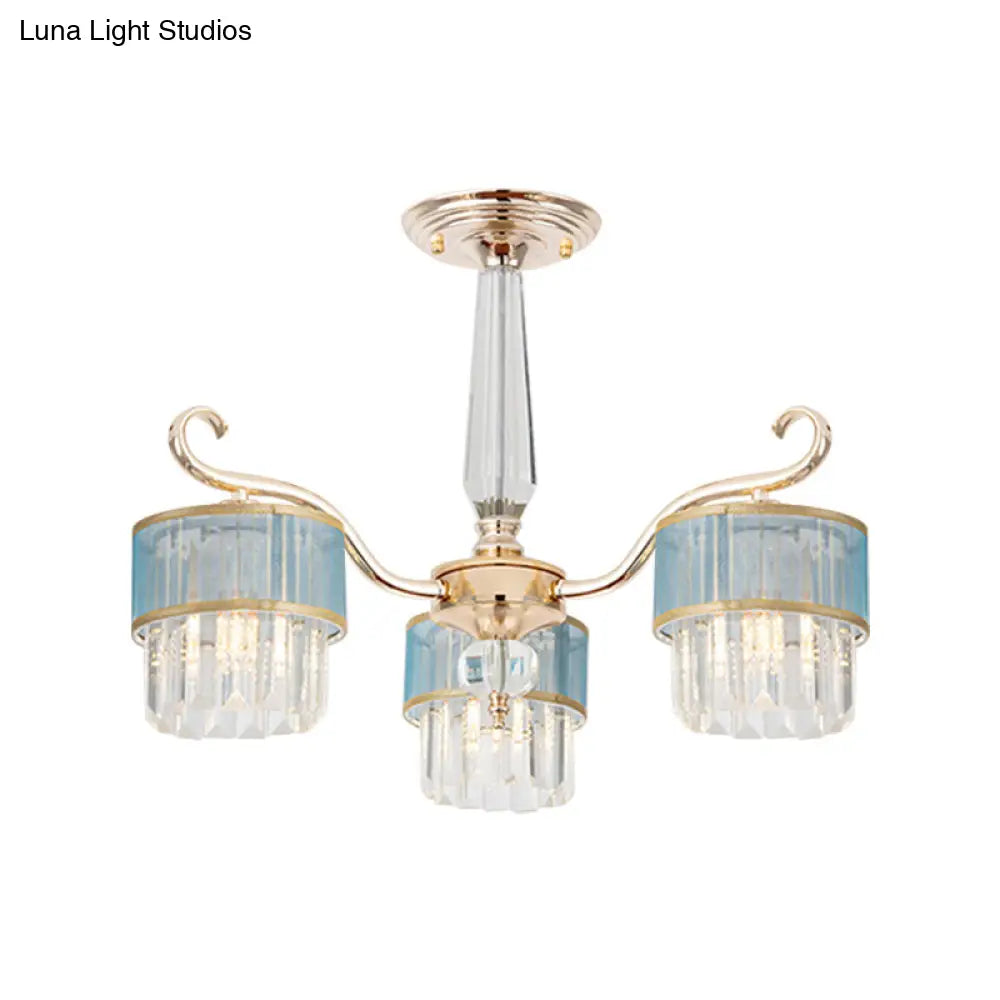 Cylinder Crystal Prisms Chandelier - Contemporary 3-Light Pendant In Gold