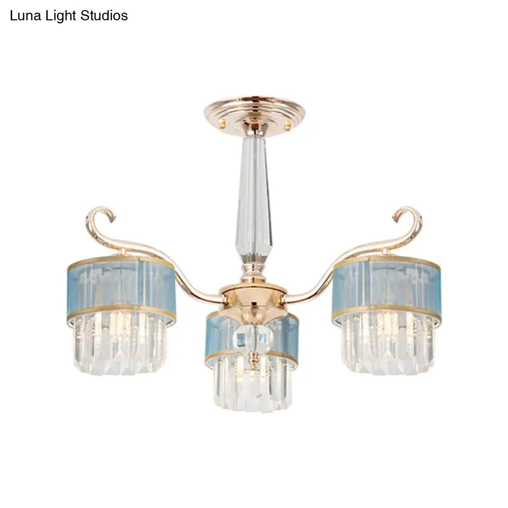 Contemporary Crystal Prisms Gold Cylinder Chandelier - 3 Lights Pendant Ceiling Fixture