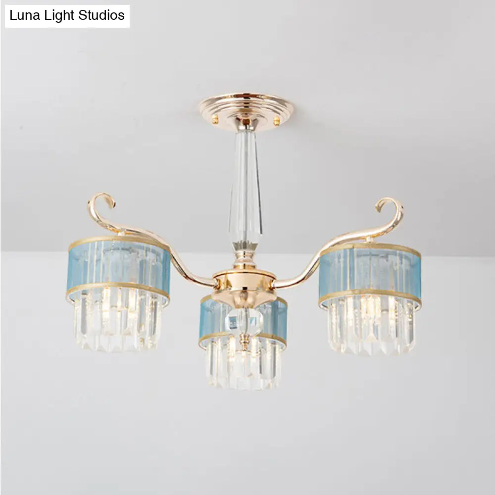 Cylinder Crystal Prisms Chandelier - Contemporary 3-Light Pendant In Gold