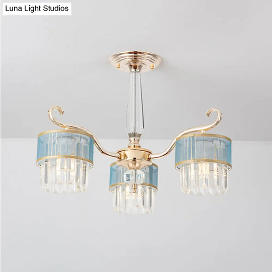 Cylinder Crystal Prisms Chandelier - Contemporary 3-Light Pendant In Gold