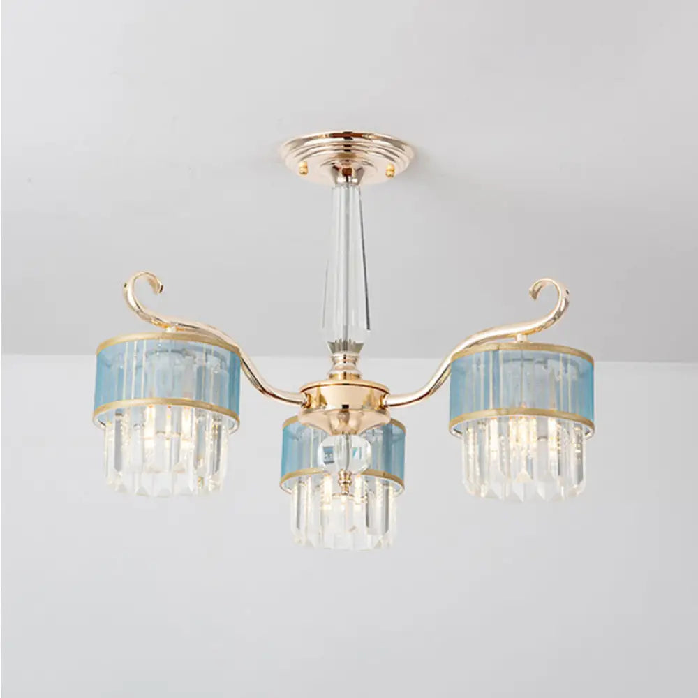 Contemporary Crystal Prisms Gold Cylinder Chandelier - 3 Lights Pendant Ceiling Fixture