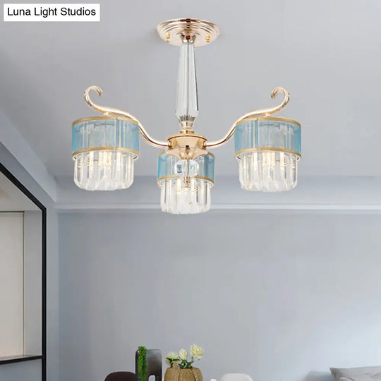 Contemporary Crystal Prisms Gold Cylinder Chandelier - 3 Lights Pendant Ceiling Fixture