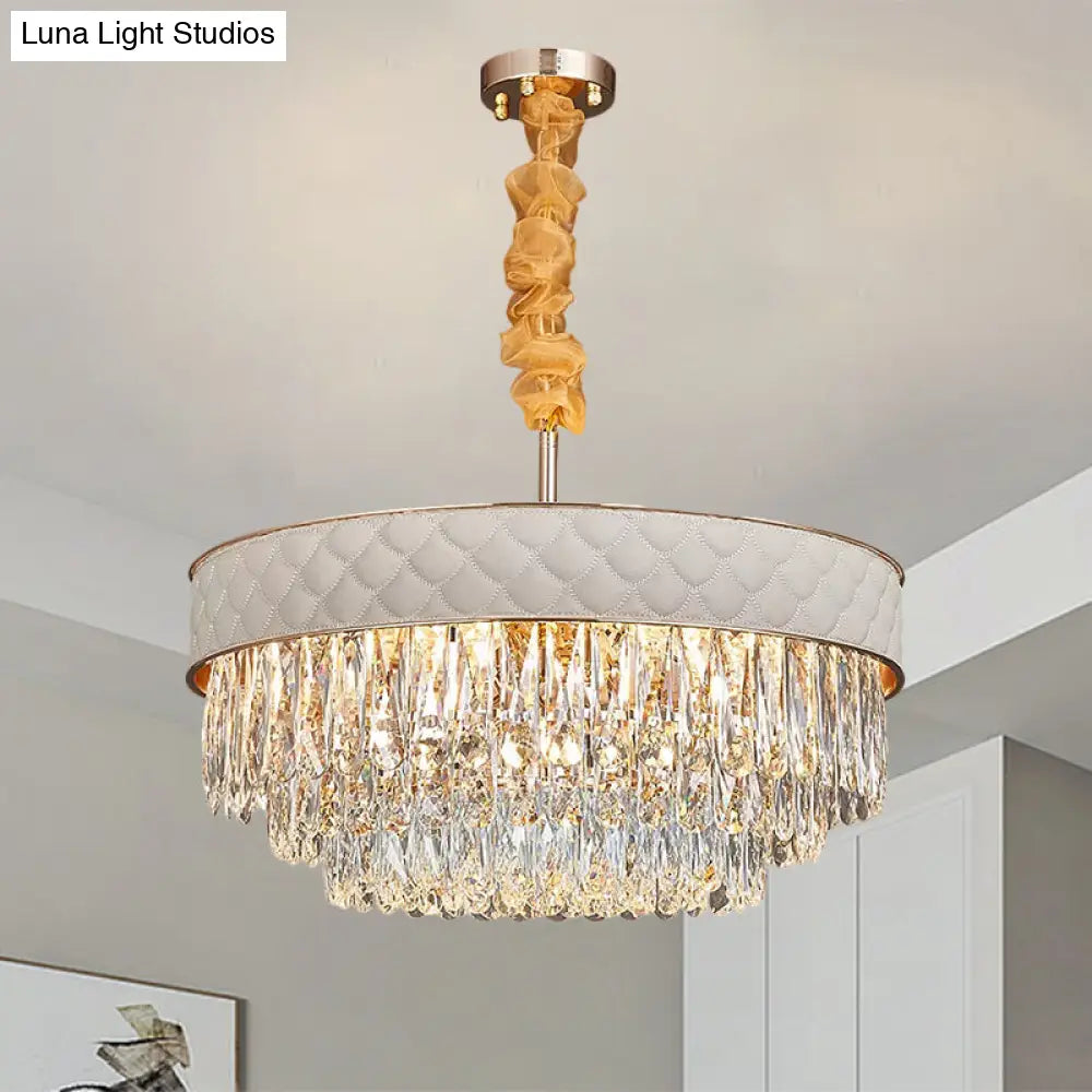 Contemporary Crystal Raindrops Drum Ceiling Chandelier - White 9/15 Heads 19.5/23.5 Wide