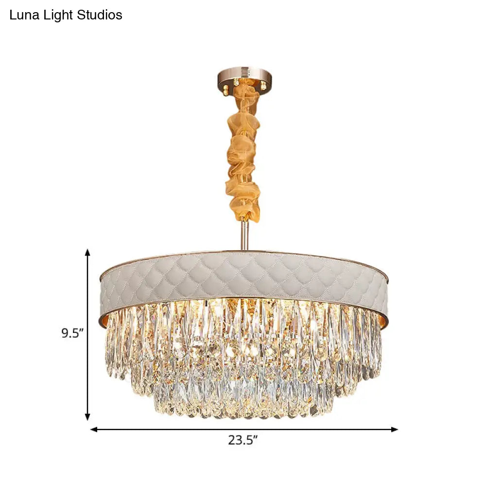 Contemporary Crystal Raindrops Drum Ceiling Chandelier - White 9/15 Heads 19.5/23.5 Wide