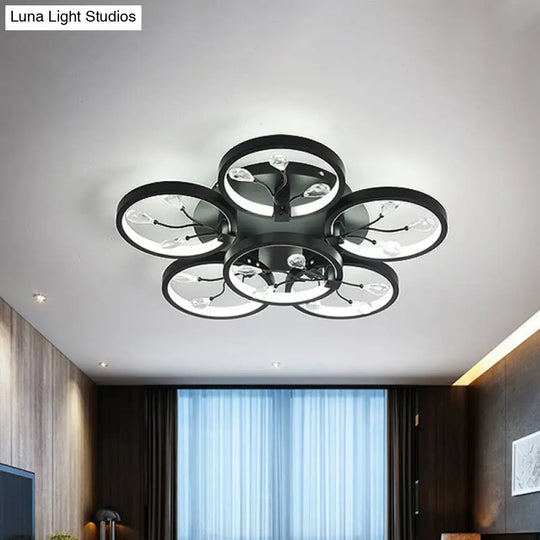 Contemporary Crystal Raindrops Semi Flush Light With Led Flower Design - Black/White Ceiling Mounted