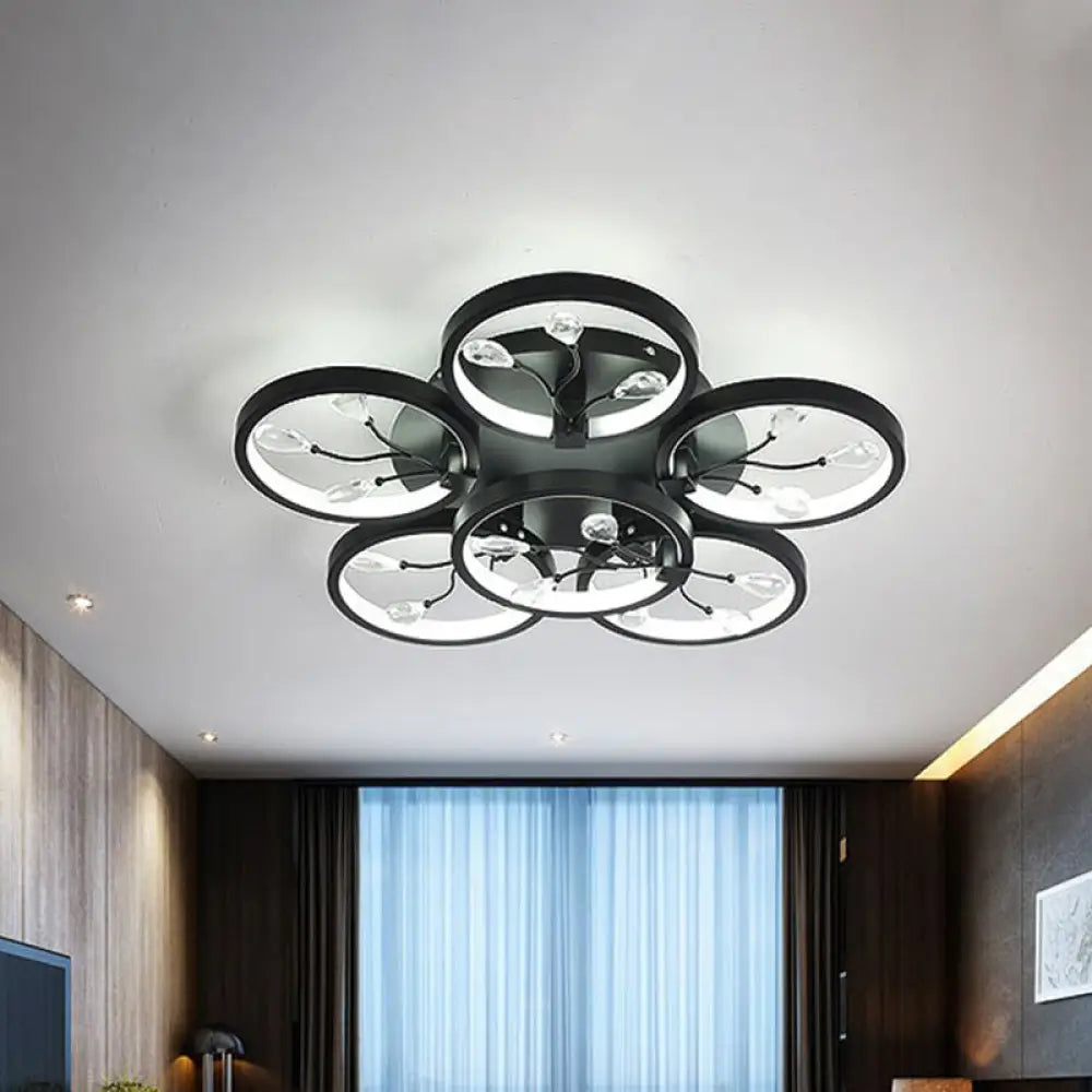 Contemporary Crystal Raindrops Semi Flush Light With Led Flower Design - Black/White Ceiling