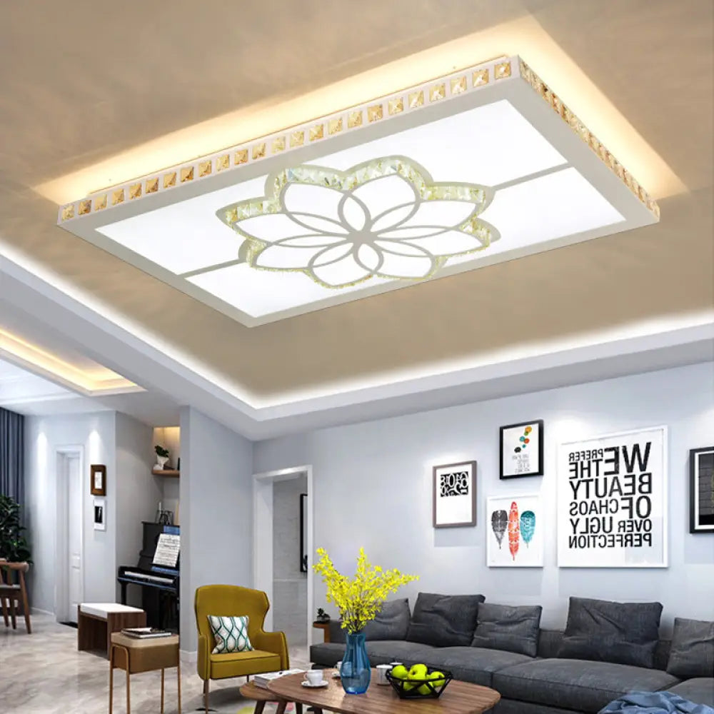 Contemporary Crystal Rectangle Ceiling Flush Mount With White Led Lighting For Living Room - Flower