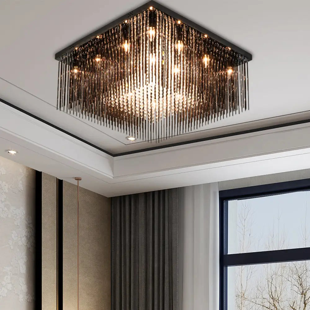 Contemporary Crystal Rod And Beaded Cubic Flush Ceiling Light - Black 4/6/9 Lights