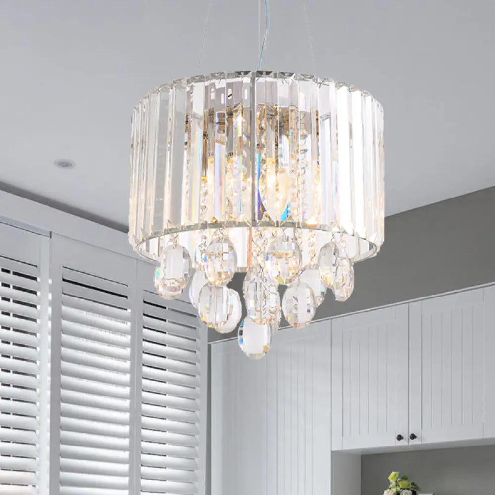 Contemporary Crystal Rod Drum Chandelier Pendant Light - 6 Heads Clear