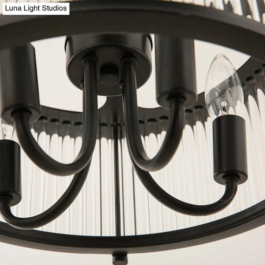Contemporary Crystal Round Flushmount - 4-Light Black Semi Flush Lamp For Living Room