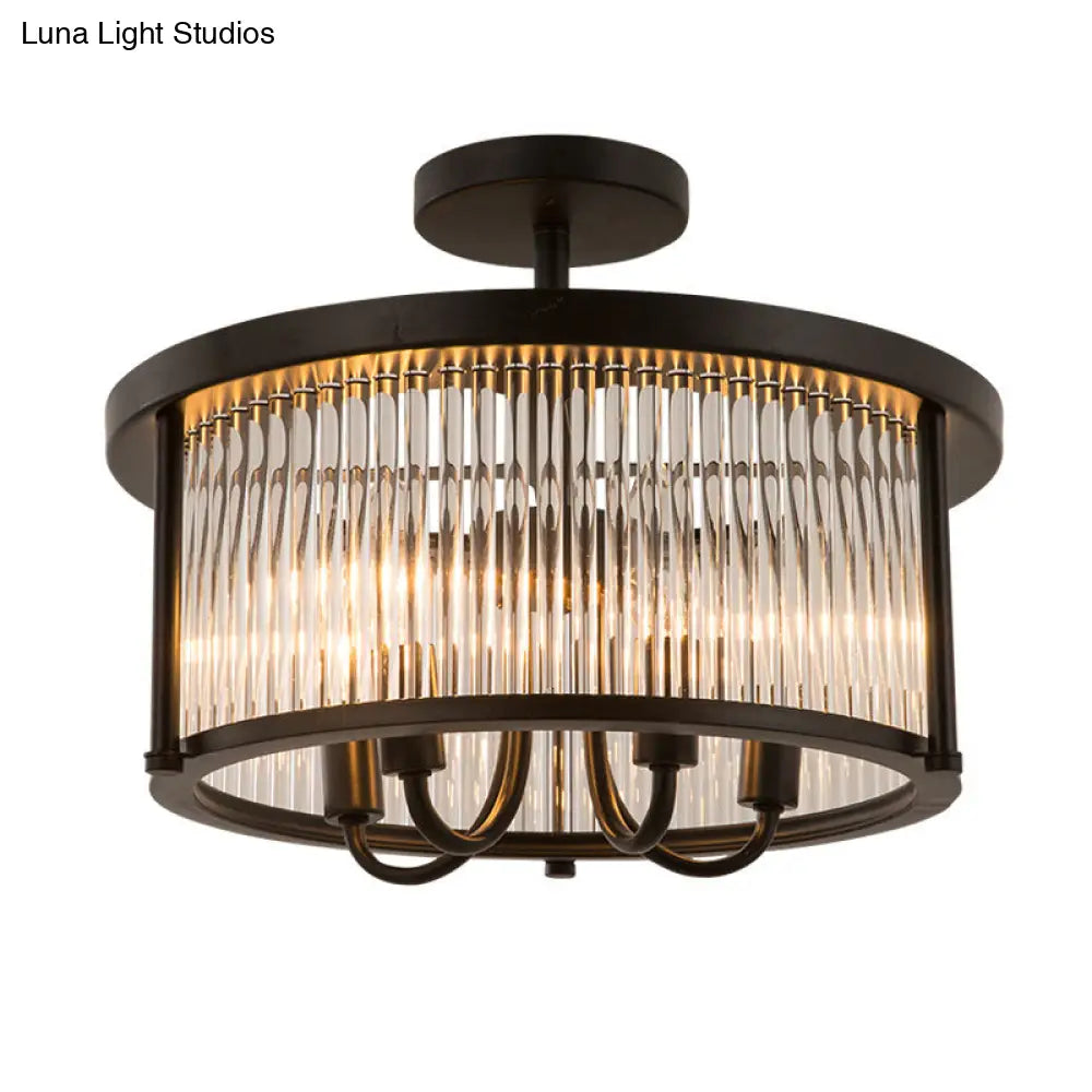 Contemporary Crystal Round Flushmount - 4 - Light Black Semi Flush Lamp For Living Room