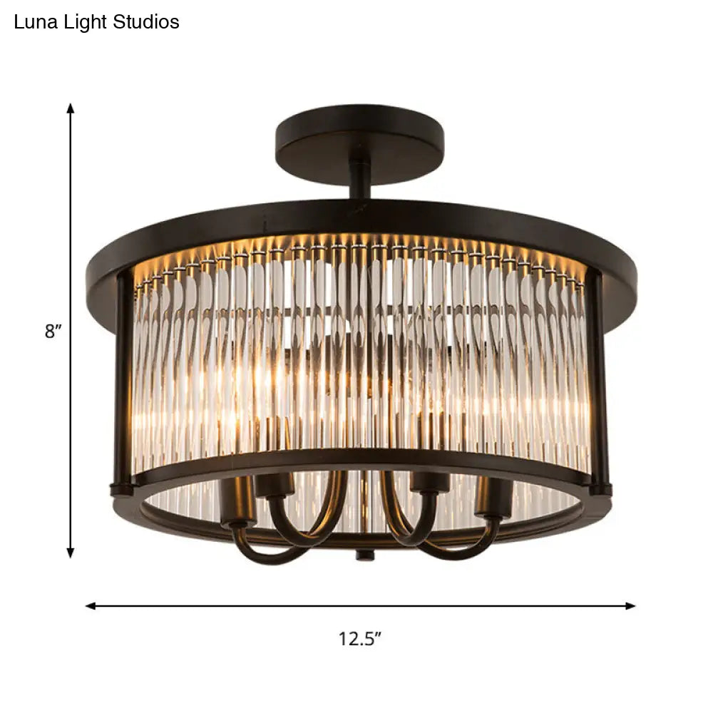 Contemporary Crystal Round Flushmount - 4-Light Black Semi Flush Lamp For Living Room