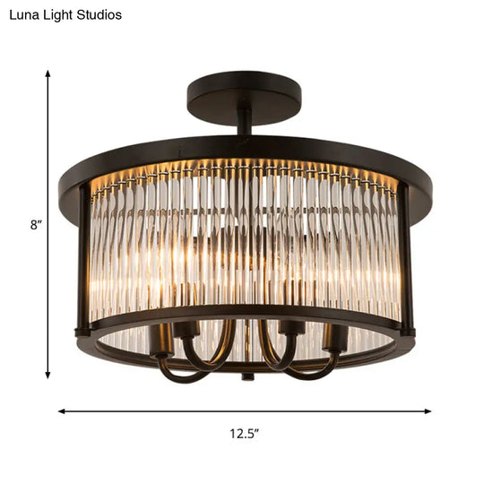 Contemporary Crystal Round Flushmount - 4-Light Black Semi Flush Lamp For Living Room