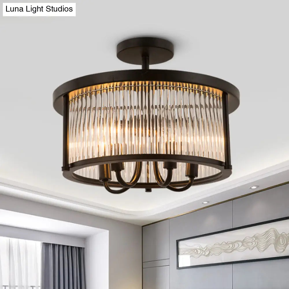 Contemporary Crystal Round Flushmount - 4 - Light Black Semi Flush Lamp For Living Room