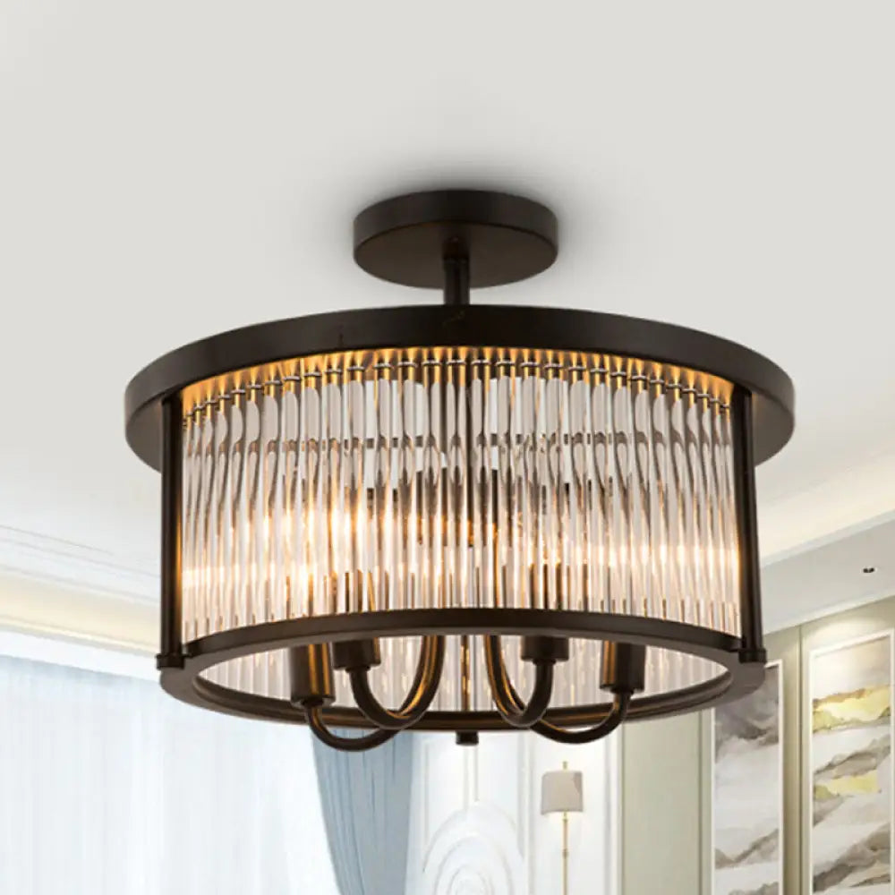 Contemporary Crystal Round Flushmount - 4 - Light Black Semi Flush Lamp For Living Room