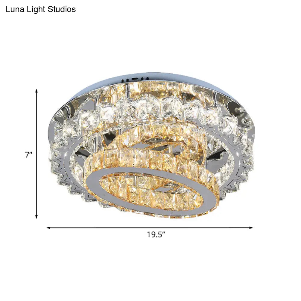 Contemporary Crystal Stainless Steel Led Semi Flush Mount Bedroom Ceiling Lamp With Tiered Hoops