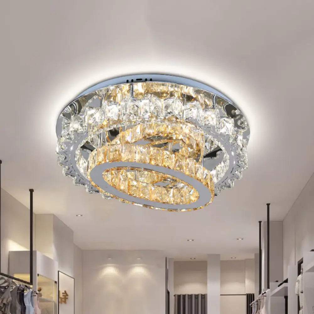 Contemporary Crystal Stainless Steel Led Semi Flush Mount Bedroom Ceiling Lamp With Tiered Hoops