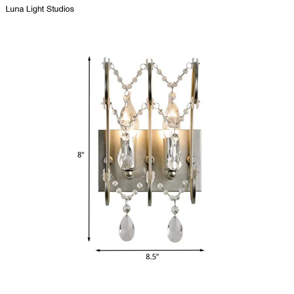 Contemporary Crystal Strand Sconce With 2-Lights And Silver Rod - Wall Mounted For Bedroom