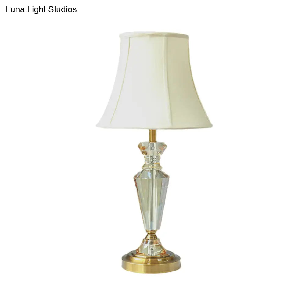 Contemporary Crystal Table Lamp: Panel Bell Style With Gold Finish And Round Pedestal