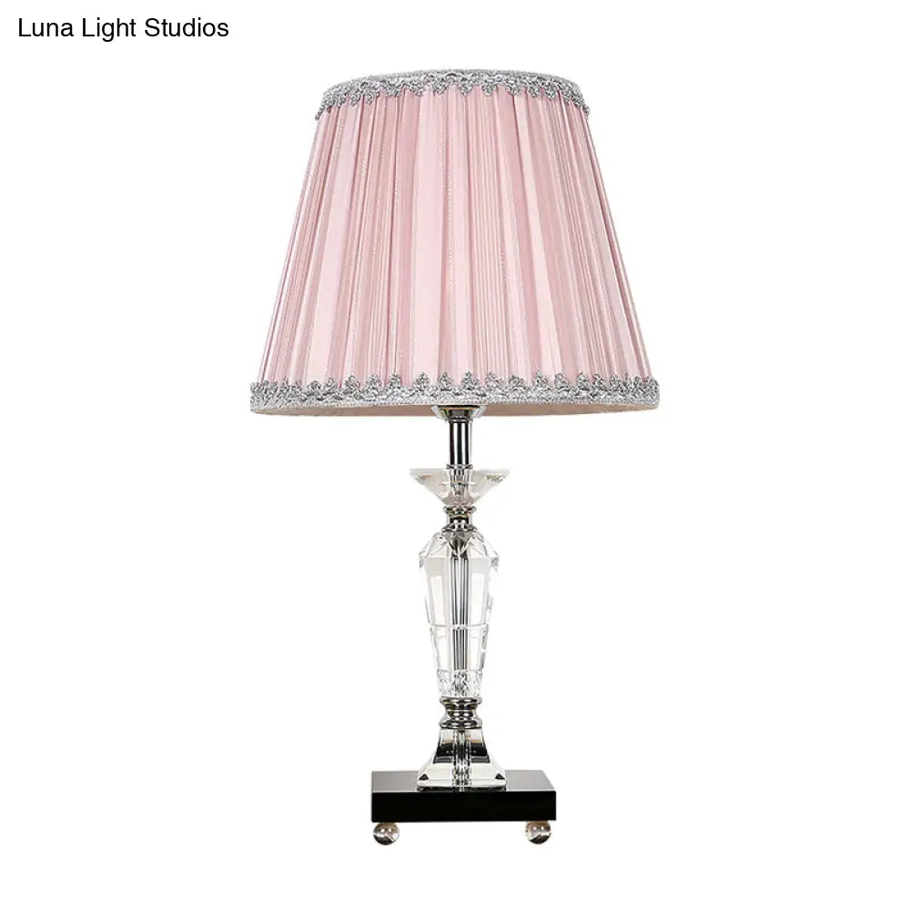 Contemporary Crystal Table Lamp With Pink/Blue Nightstand Light And Conical Fabric Shade