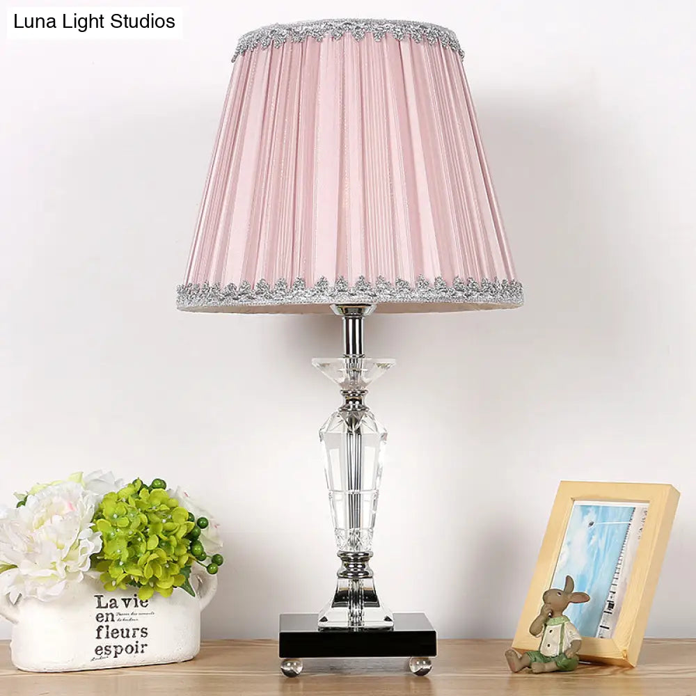 Contemporary Crystal Table Lamp With Pink/Blue Nightstand Light And Conical Fabric Shade