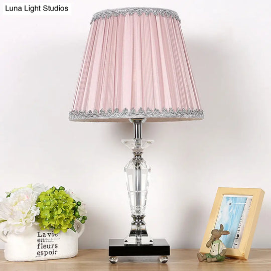 Contemporary Crystal Table Lamp With Pink/Blue Nightstand Light And Conical Fabric Shade