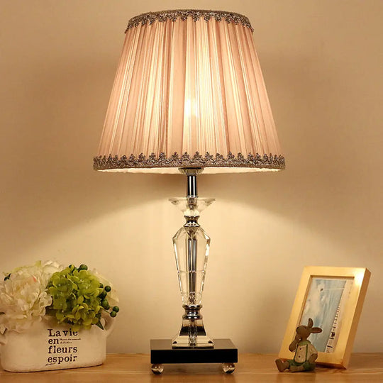 Contemporary Crystal Table Lamp With Pink/Blue Nightstand Light And Conical Fabric Shade Pink