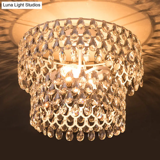 Contemporary Crystal Teardrop Ceiling Lamp With Tiered Design - White Semi Flush Light 2 Heads