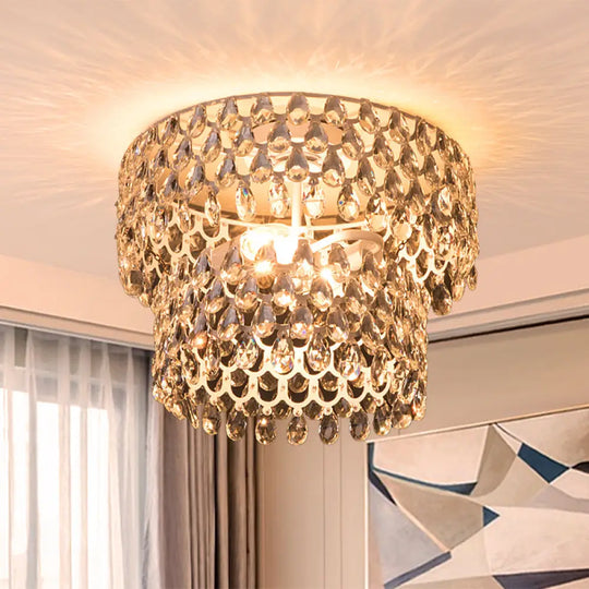 Contemporary Crystal Teardrop Ceiling Lamp With Tiered Design - White Semi Flush Light 2 Heads