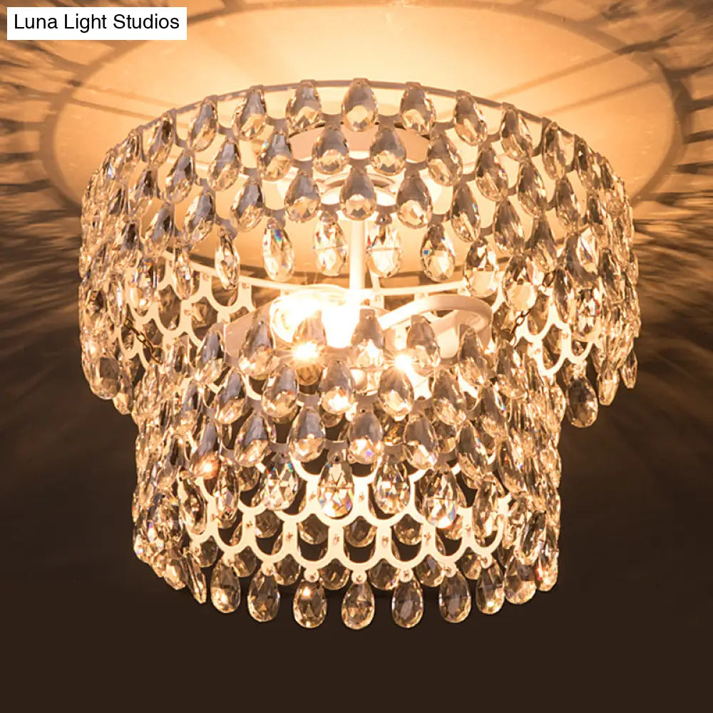 Contemporary Crystal Teardrop Ceiling Lamp With Tiered Design - White Semi Flush Light 2 Heads