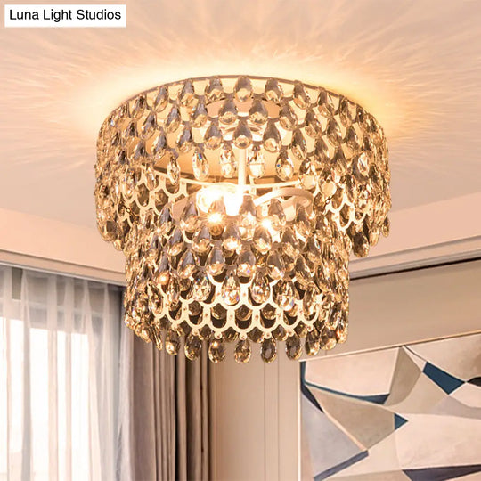 Contemporary Crystal Teardrop Ceiling Lamp With Tiered Design - White Semi Flush Light 2 Heads