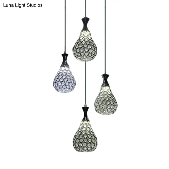 Contemporary Crystal Teardrop Multi-Pendant Light - 4 Bulb Dining Room Suspension Lamp In