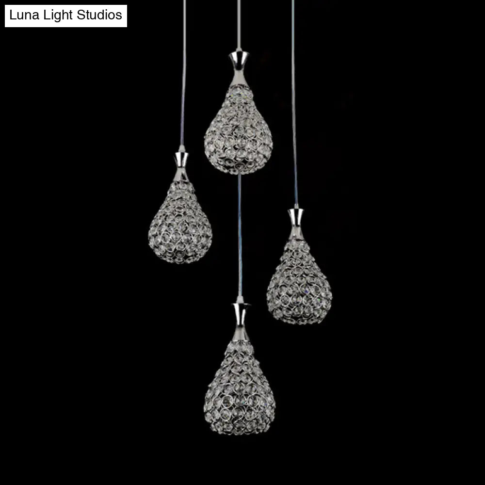 Contemporary Crystal Teardrop Multi Pendant Light With 4 Bulbs - Chrome/Gold Suspension Lamp For