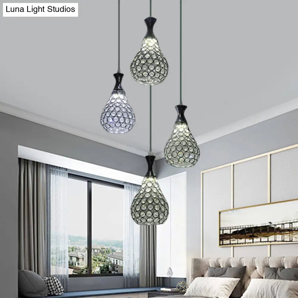 Contemporary Crystal Teardrop Multi Pendant Light With 4 Bulbs - Chrome/Gold Suspension Lamp For