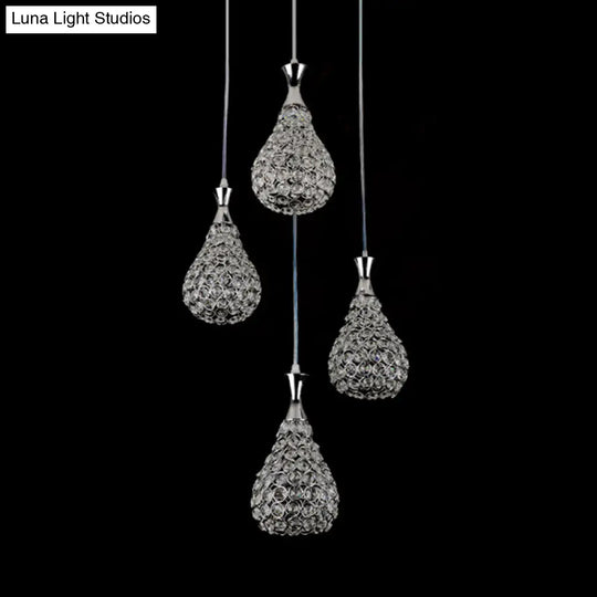 Contemporary Crystal Teardrop Multi-Pendant Light - 4 Bulb Dining Room Suspension Lamp In