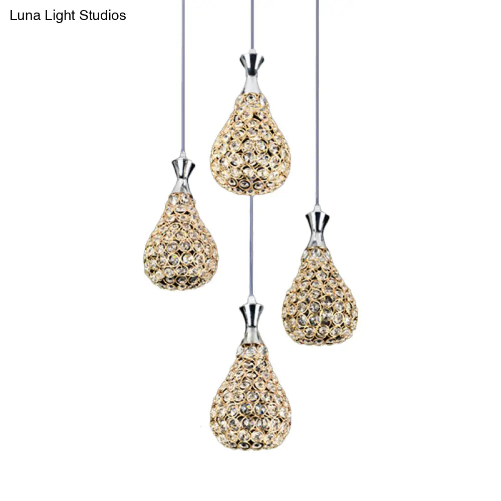 Contemporary Crystal Teardrop Multi Pendant Light With 4 Bulbs - Chrome/Gold Suspension Lamp For