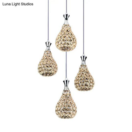 Contemporary Crystal Teardrop Multi Pendant Light With 4 Bulbs - Chrome/Gold Suspension Lamp For