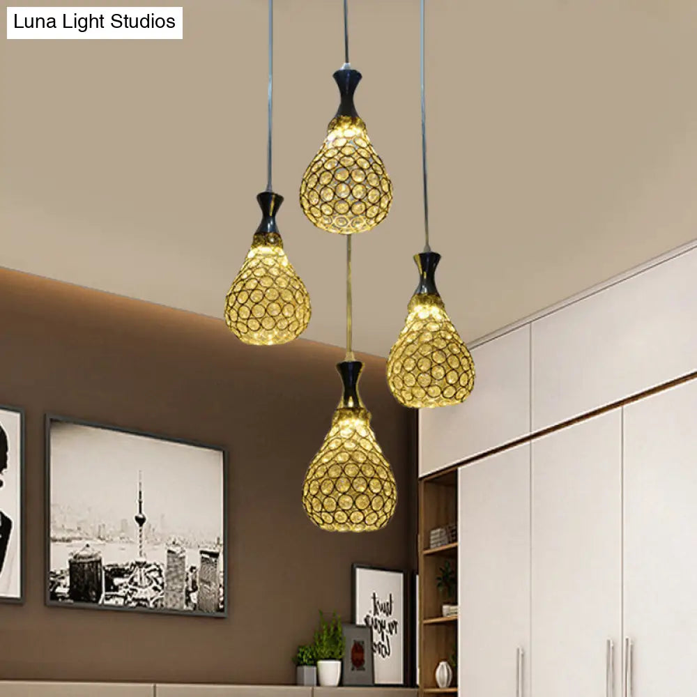 Contemporary Crystal Teardrop Multi-Pendant Light - 4 Bulb Dining Room Suspension Lamp In