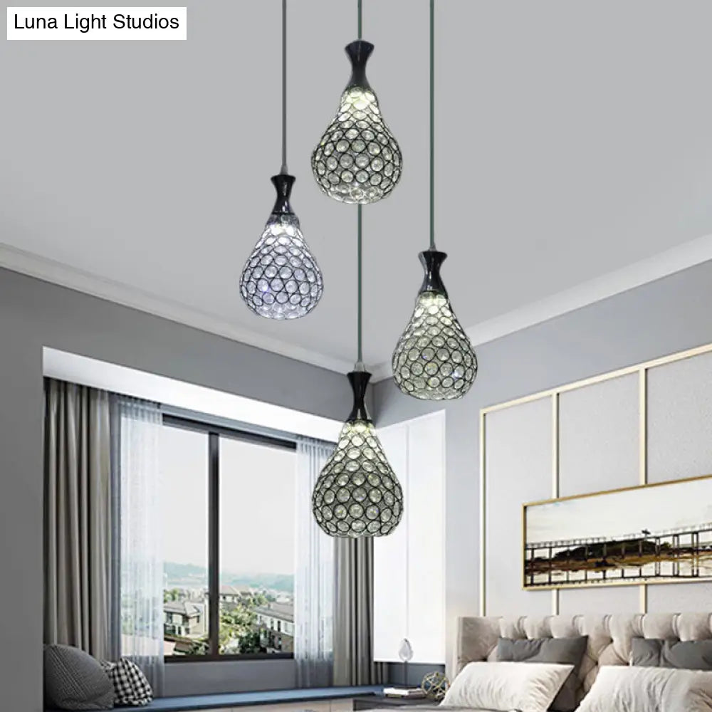 Contemporary Crystal Teardrop Multi-Pendant Light - 4 Bulb Dining Room Suspension Lamp In