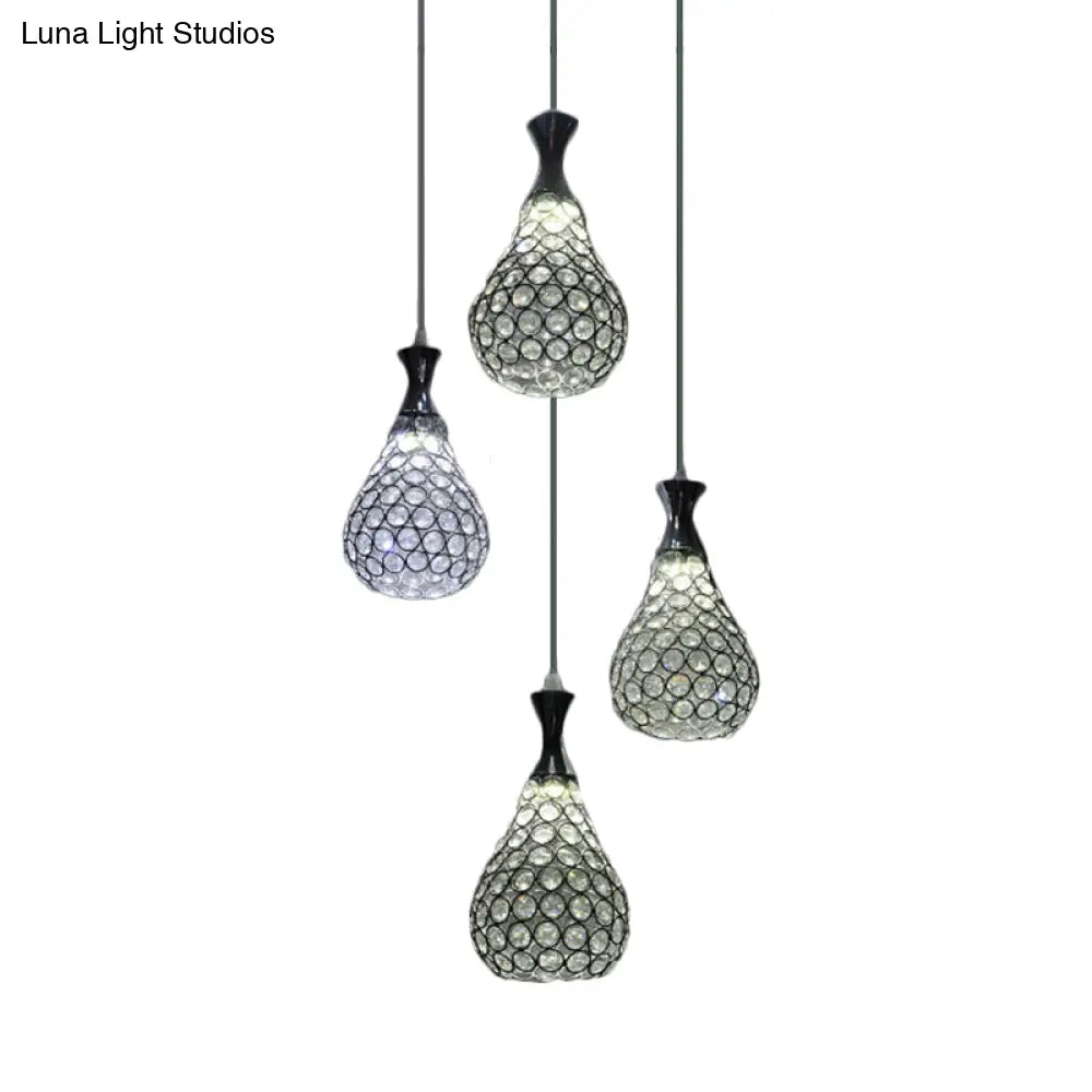 Contemporary Crystal Teardrop Multi Pendant Light With 4 Bulbs - Chrome/Gold Suspension Lamp For