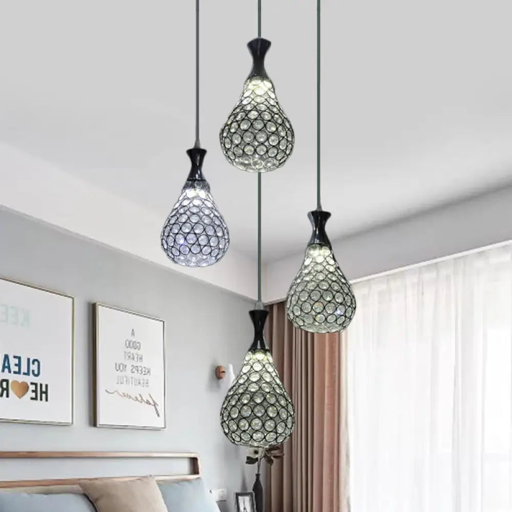 Contemporary Crystal Teardrop Multi Pendant Light With 4 Bulbs - Chrome/Gold Suspension Lamp For