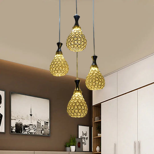 Contemporary Crystal Teardrop Multi Pendant Light With 4 Bulbs - Chrome/Gold Suspension Lamp For