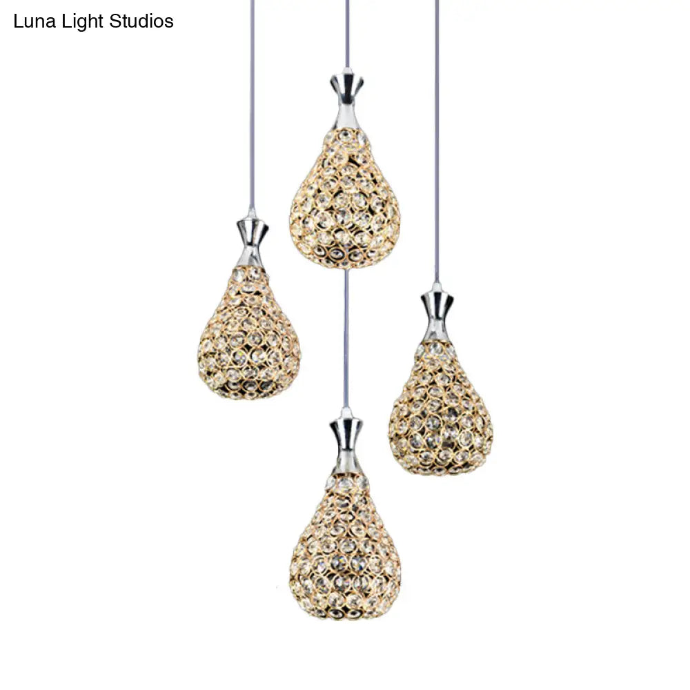 Contemporary Crystal Teardrop Multi-Pendant Light - 4 Bulb Dining Room Suspension Lamp In