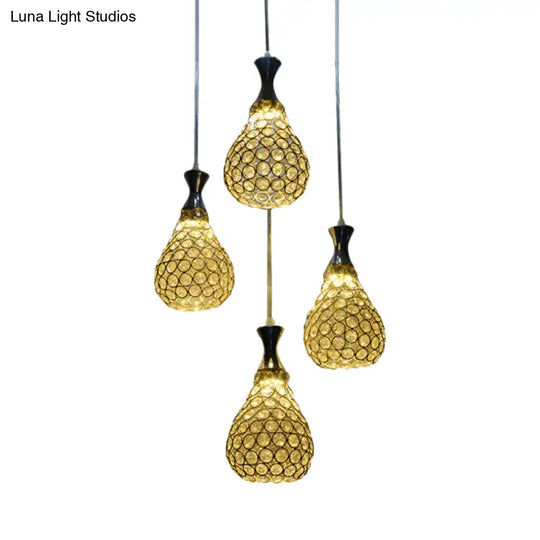 Contemporary Crystal Teardrop Multi Pendant Light With 4 Bulbs - Chrome/Gold Suspension Lamp For