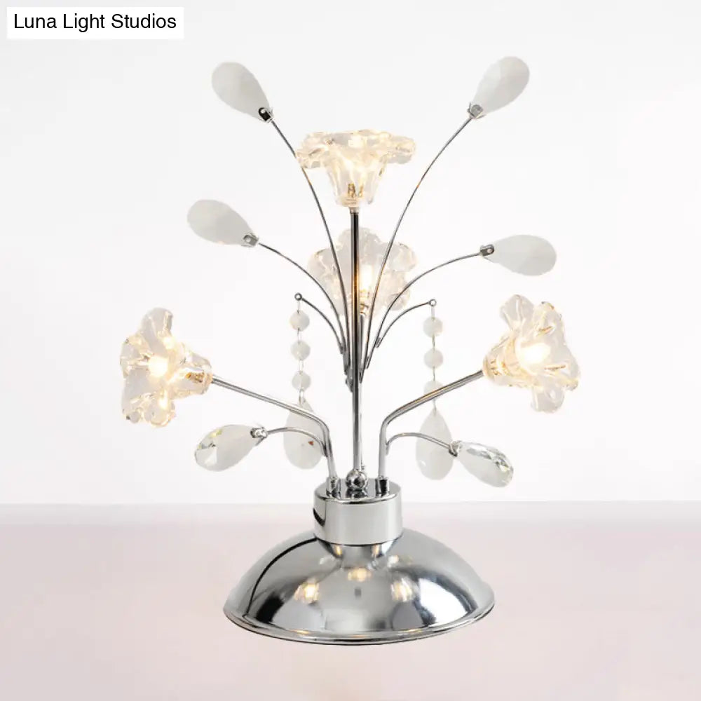 Contemporary Crystal Teardrops Chrome Table Lamp - Branching Bedroom Light With Lily Shade